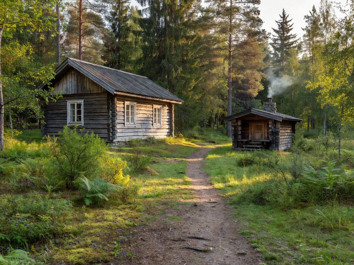 Kesämökki ja sauna metsän reunassa