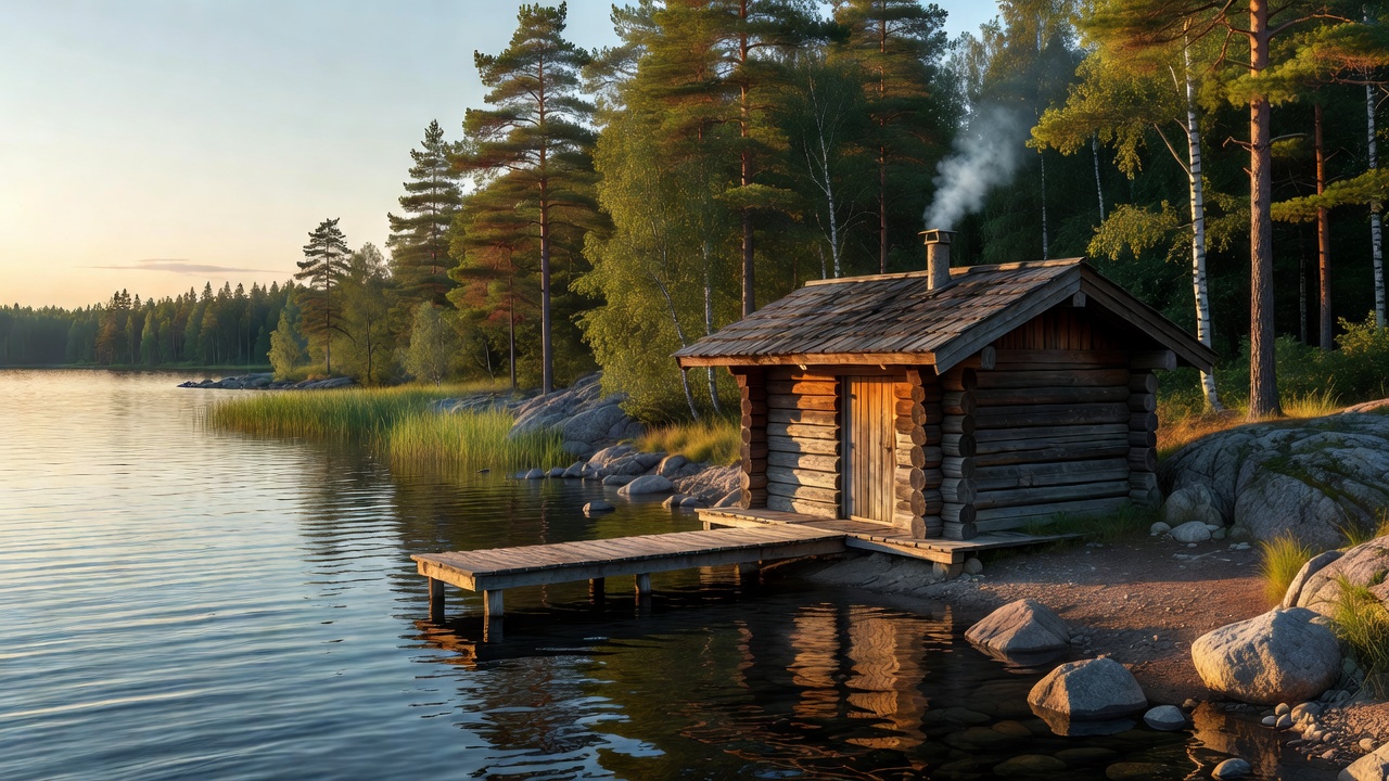 Perinteinen suomalainen puusauna järven rannalla