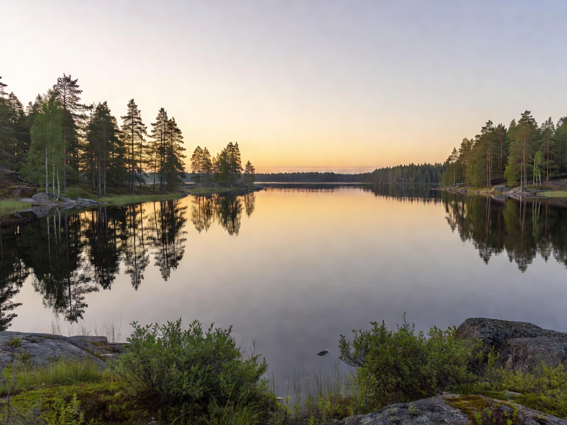 Tyyni suomalainen järvimaisema kesäillassa